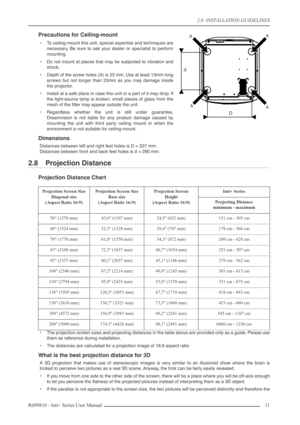 Page 11
2.0  INSTALLATION GUIDELINES
R699810 - Inti+ Series User Manual 11 
Precautions for Ceiling-mount
•To ceiling-mount this unit, special expertise and techniques are
necessary. Be sure to ask your dealer or specialist to perform
mounting.
• Do not mount at places that may be subjected to vibration and
shock.
• Depth of the screw holes (A) is 23 mm. Use at least 13mm long
screws but not longer than 23mm as you may damage inside
the projector.
• Install at a safe place in case this unit or a part of it may...