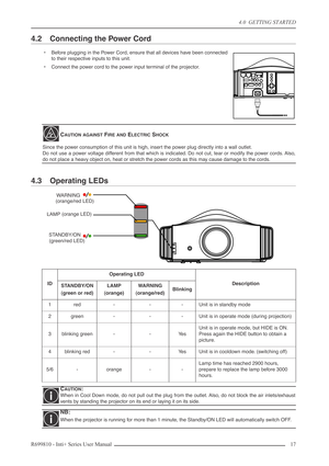 Page 17
4.0  GETTING STARTED
R699810 - Inti+ Series User Manual 17 
4.2 Connecting the Power Cord
•Before plugging in the Power Cord, ensure that all devices have been connected
to their respective inputs to this unit.
• Connect the power cord to the power input terminal of the projector.
4.3 Operating LEDs
CAUTION AGAINST FIRE AND ELECTRIC SHOCK
Since the power consumption of this unit is high, insert the power plug directly into a wall outlet.
Do not use a power voltage different from that which is indicated....