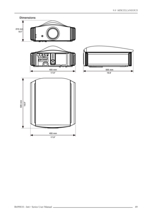 Page 49
9.0  MISCELLANEOUS
R699810 - Inti+ Series User Manual 49 
Dimensions
455 mm
17.9’’
505 mm
19.9’’
455 mm
17.9’’
215 mm
8.5’’
505 mm19.9’ 