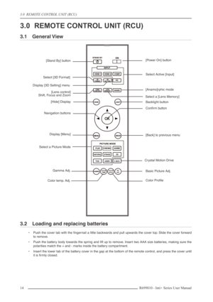 Page 14
3.0  REMOTE CONTROL UNIT (RCU)
14R699810 - Inti+ Series User Manual
3.0 REMOTE CONTROL UNIT (RCU)
3.1 General View
3.2 Loading and replacing batteries
•Push the cover tab with the ﬁngernail a little backwards and pull upwards the cover top. Slide the cover forward
to remove.
• Push the battery body towards the spring and lift up to remove. Insert two AAA size batteries, making sure the
polarities match the + and - marks inside the battery compartment.
• Insert the lower tab of the battery cover in the...