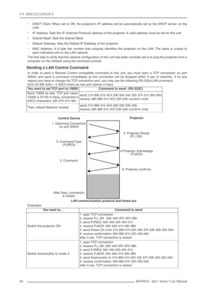 Page 46
9.0  MISCELLANEOUS
46R699810 - Inti+ Series User Manual
•DHCP Client: When set to ON, the projector’s IP address will be automatically set by the DHCP server. on the
LAN.
• IP Address: Sets the IP (Internet Protocol) address of the projector. A valid address must be set for this unit.
• Subnet Mask: Sets the Subnet Mask
• Default Gateway: Sets the Default IP Gateway of the projector.
•M AC Address: A 6 byte hex number that uniquely identiﬁes the projector on the LAN. The value is unique to
each...