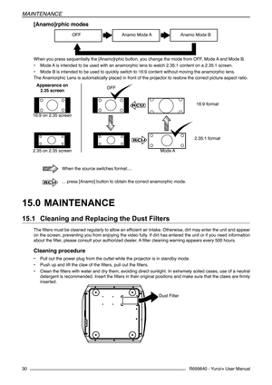 Page 30R699840 - Yunzi+ User Manual
MAINTENANCE
30
[Anamo]rphic modes
OFFAnamo  Mode A Anamo Mode B
When you press sequentially the [Anamo]rphic button, you change the mode from OFF, Mode A and Mode B.
• Mode A is intended to be used with an anamorphic lens to watch 2.35:1 content on a 2.35:1 screen.
• Mode B is intended to be used to quickly switch to 16:9 content without moving the anamorphic lens.
The Anamorphic Lens is automatically placed in front of the projector to restore the correct picture aspect...