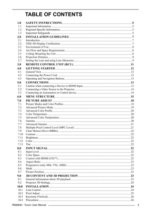 Page 3 
R699840 - Yunzi+ User Manual3
TABLE OF CONTENTS
1.0 	SAFETY	INSTRUCTIONS ........................................................................\
.............................5
1.1  Important Information ........................................................................\
............................................5
1.2  Regional Specific Information........................................................................\
................................5
1.3  Important Safeguards...