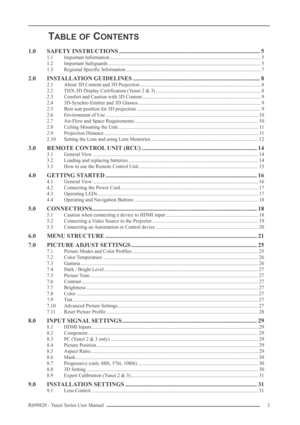 Page 3R699820 - Yunzi Series User Manual3 
TABLE OF CONTENTS
1.0 SAFETY INSTRUCTIONS ............................................................................................. 5
1.1 Important Information........................................................................................................................ 5
1.2 Important Safeguards ......................................................................................................................... 5
1.3 Regional Specific Information...