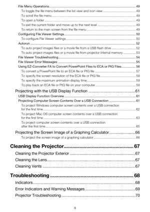 Page 55
File Menu Operations ................................................................................................. 49
To toggle the file menu between the list view and icon view ..................................... 49
To scroll the file menu .............................................................................................. 49
To open a folder ...................................................................................................... 49
To exit the current folder and move up...