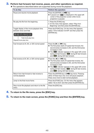 Page 4848
3.Perform fast forward, fast reverse, pause, and other operations as required.
The operations described below are supported during movie file playback.
4.To return to the file menu, press the [ESC] key.
5.To return to the main screen, press the [FUNC] key and then the [ENTER] key.
To do this:Perform this operation:
Pause and resume movie playback Press the [ENTER] or [R] key.
A pause icon ( ) is displayed in the upper left 
corner of the projection screen while movie 
projection is paused.
Re-play...