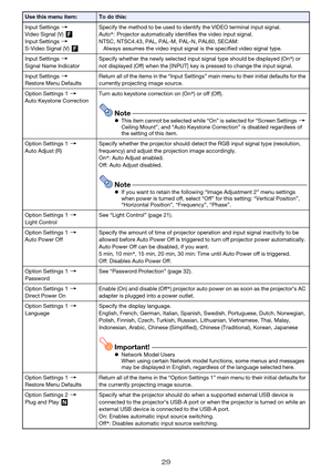 Page 2929
Input Settings 3 
Video Signal (V) 
Input Settings 3 
S-Video Signal (V) Specify the method to be used to identify the VIDEO terminal input signal.
Auto*: Projector automatically identifies the video input signal.
NTSC, NTSC4.43, PAL, PAL-M, PAL-N, PAL60, SECAM:
Always assumes the video input signal is the specified video signal type.
Input Settings 3 
Signal Name IndicatorSpecify whether the newly selected input signal type should be displayed (On*) or 
not displayed (Off) when the [INPUT] key is...