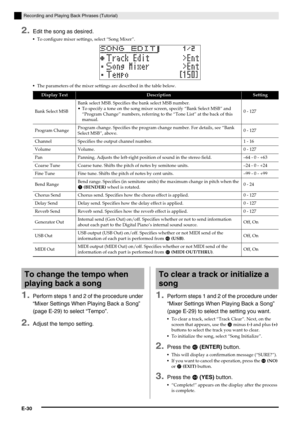 Page 31E-30
Recording and Playing Back Phrases (Tutorial)
2.Edit the song as desired.
To configure mixer settings, select “Song Mixer”.
The parameters of the mixer settings are described in the table below.
Display TextDescriptionSetting
Bank Select MSBBank select MSB. Specifies the bank select MSB number.
 To specify a tone on the song mixer screen, specify “Bank Select MSB” and 
“Program Change” numbers, referring to the “Tone List” at the back of this 
manual.0 - 127
Program ChangeProgram change. Specifies...