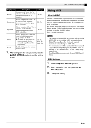 Page 40Other Useful Functions (Tutorial)
E-39
7.After settings are the way you want, press the 
bm (SYS SETTING) button to exit the setting 
screen.
What is MIDI?
MIDI is a standard for digital signals and connectors 
that allows musical instruments, computers, and other 
devices, regardless of manufacturer, to exchange data 
with each other.
For details about the MIDI specifications of this Digital 
Piano, see the “MIDI Implementation” document at the 
website located at the URL below.
http://world.casio.com/...