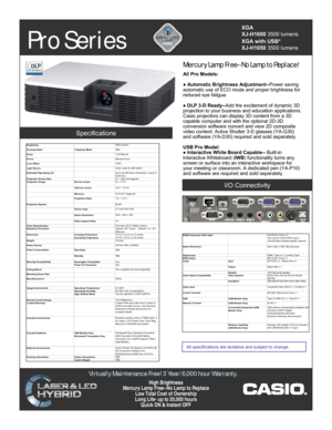 Page 2Pro Series
XGA
XJ-H16003500 lumens
XGA with USB*
XJ-H16503500 lumens
I/O Connectivity
Specifications
High Brightness
Mercury Lamp Free--No Lamp to Replace
Low Total Cost of Ownership 
Long Life- up to 20,000 hours 
Quick ON & Instant OFF 
Virtually Maintenance Free! 3 Year/6,000 hour Warranty.
All Pro Models:
●Automatic Brightness Adjustment--Power saving 
automatic use of ECO mode and proper brightness for 
reduced eye fatigue.
●DLP 3-D Ready--Add the excitement of dynamic 3D 
projection to your...