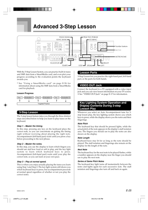 Page 27E-25
Lesson Parts
3-Step Lesson lets you practice the right-hand part, left-hand
part, or the parts for both hands.
VIDEO OUT Jack
Connect the keyboard to a TV equipped with a video input
jack and you can view lesson information on your TV screen.
•See “VIDEO OUT Jack” on page E-17 for information.
Key Lighting System Operation and
Display Contents During 3-step
Lesson Play
Whenever you select an Auto Accompaniment tune for 3-
step lesson play, the key lighting system shows you which
keys to press, while...