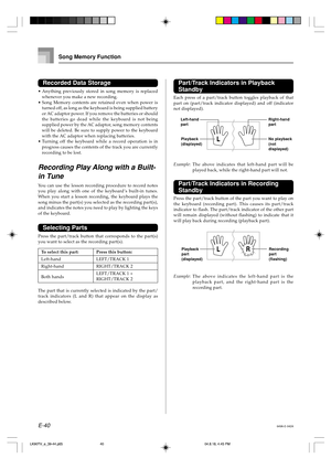 Page 42E-40
Song Memory Function
Recorded Data Storage
•Anything previously stored in song memory is replaced
whenever you make a new recording.
•Song Memory contents are retained even when power is
turned off, as long as the keyboard is being supplied battery
or AC adaptor power. If you remove the batteries or should
the batteries go dead while the keyboard is not being
supplied power by the AC adaptor, song memory contents
will be deleted. Be sure to supply power to the keyboard
with the AC adaptor when...