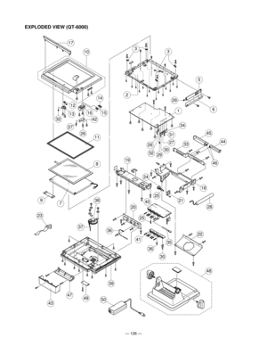 Page 128— 126 —
EXPLODED VIEW (QT-6000)
17
42
30
11
8
97
12
1613
6
38
37
23
36
25
40
10
14
5
20
19
32
26
2
29
30
35
36
41
25
28
27
15
4947
43
39
50
29
1
45
33
21
18
44
22
48
46
34
31
27
24
26
32
33 