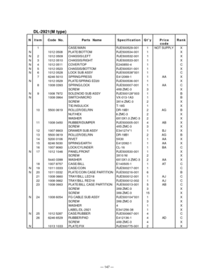 Page 149Ñ 147 Ñ
DL-2921(M type)
N ItemCode No. Parts  NameSpecificationQtyPrice Rank
code
1 CASE/MAIN RJE500529-001 1NOT SUPPLY X
N 1012 0508 PLATE/BOTTOMRJE500534-001 1 X
N 2 1012 0509 CHASSIS/LEFT RJE500532-001 1 X
N 3 1012 0510 CHASSIS/RIGHT RJE500533-001 1 X
N 4 1012 0511 COVER/TOPE240850-4 1 C
N 5 1012 0523 CHASSIS/BOTTOMRJE500531-001 1 X
N 6 1012 0528LOCK SUB ASSYRJE500538*001 1 C
7 6246 5010 SPRING/PRESS E412069-1 1 AA X
N 1012 0529 PLATE/SPRING ED20RJE500536-001 1 X
8 1008 0393 SPRING/LOCK RJE500007-001...