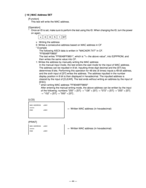 Page 46— 44 —
[ 19 ] MAC Address SET
[Function]
This test will write the MAC address.
[Operation]
* Once an ID is set, make sure to perform the test using this ID. When changing the ID, turn the power
on again.
x0951ST
[LCD]
[PRINT]
MAC ADDRESS  x0951
xxxxxx
END   x0951
MAC ADDRESS  x0951
xxxxxx
END   x0951
x : Writing the address
0: Writes a consecutive address based on MAC address in CF
* Example
The following ASCII data is written in MACADR.TXT in CF.
FF8048FF9800
The test writes FF8048FF9801, which is 1+...