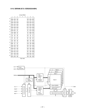 Page 69— 67 —
8-10. SDRAM (IC12: EDS2532AABH)
DQ261A
B
C
D
E
F
G
H
J
K
L
M
N
P
R
23456789
DQ28
VSSQ
VSSQ
VDDQ
VSS
A4
A7
CLKDQ24
VDDQ
DQ27
DQ29
DQ31
DQM3
A5
A8
CKEVSS
VSSQ
DQ25
DQ30
NC
A3
A6
NC
A9VDD
VDDQ
DQ22
DQ17
NC
A2
A10
NC
BA0DQ23
VSSQ
DQ20
DQ18
DQ16
DQM2
A0
BA1
/CSDQ21
DQ19
VDDQ
VDDQ
VSSQ
VDD
A1
A11
/RAS
(Top view)
DQM1 NC NC /CAS /WEDQM0
VDDQ DQ8 VSS VDD DQ7
VSSQ
VSSQ DQ10 DQ9 DQ6 DQ5
VDDQ
VSSQ DQ12 DQ14 DQ1 DQ3
VDDQ
DQ11 VDDQ VSSQ VDDQ VSSQ
DQ4
DQ13 DQ15 VSS VDD DQ0
DQ2
90-ball FBGA
ClockGenerator
Mode...