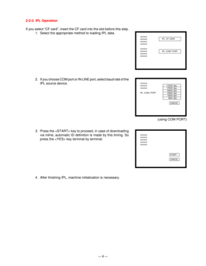 Page 10— 8 —
2-2-2. IPL Operation
xxxxxxx
xxxxxxx
xxxxxxx
xxxxxxx
xxxxxxx
xxxxxxx
xxxxxxx
xxxxxxxIPL :CF CARD
IPL :COM1 PORT
xxxxxxx
xxxxxxx
xxxxxxx
IPL :COM1 PORT  115200   bps
 57600  bps
 56000  bps
 34800  bps
 19200  bps
 9600  bps
CANCEL
xxxxxxx
xxxxxxx
xxxxxxx
xxxxxxx
xxxxxxx
CANCEL START
2. If you choose COM port or IN LINE port, select baud rate of the
IPL source device.
3. Press the  key to proceed, in case of downloading
via inline, automatic ID definition is made by this timing. So
press the  key...