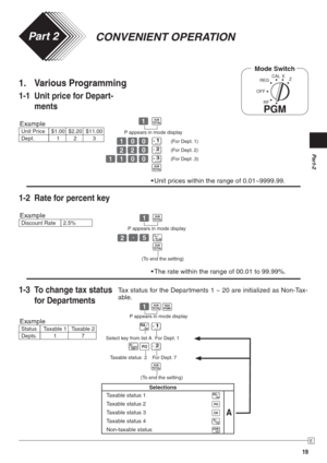 Page 19Part-2
19
E
Part-2 CONVENIENT OPERATION
CONVENIENT OPERATIONPart 2
Mode Switch
(For Dept. 1)
(For Dept. 2)
(For Dept .3)
P appears in mode display
P appears in mode display
 Z k
 
Z?? G
 
XX? S
 
ZZ?? D
  k
 
Z k
 
XB :
  k
(To end the setting)


 
Z k
~
 . G
 j] S
  k
Tax status for the Departments 1 ~ 20 are initialized as Non-Tax-
able.
P appears in mode display
(To end the setting)
REG
OFF
RF
PGM
CAL X
Z
Select key from list AFor Dept. 1
Taxable status  2For Dept. 7
Selections Taxable status 1 .
A...