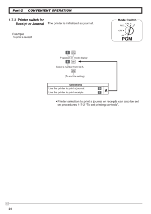 Page 2424
E
Part-2 CONVENIENT OPERATION
   Z k
   
Z u
    k
ExampleTo print a receipt
Mode Switch
REG
OFF
RF
PGM
CAL X
Z1-7-3  Printer switch for 
Receipt or Journal
P appears in  mode display
Select a number from list A
(To end the setting)

on procedures 1-7-2 “To set printing controls”.
The printer is initialized as journal.
Selections
Use the printer to print a journal. 
? AUse the printer to print receipts. Z 