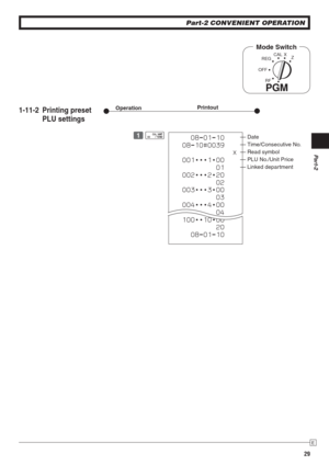 Page 29Part-2
29
E
Part-2 CONVENIENT OPERATION
REG
OFF
RF
PGM
CAL X
ZMode Switch
1-11-2 Printing preset 
PLU settingsPrintoutOperation
— Date
— Time/Consecutive No.
— Read symbol
— PLU No./Unit Price
— Linked department
 Z p 08-01-10
 08-10#0039
   X
 001•••1•00
 01
 002•••2•20
 02
 003•••3•00
 03
 004•••4•00
 04
 100••10•00
 20
 08-01-10 