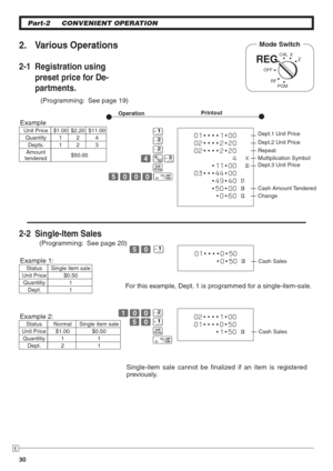 Page 3030
E
Part-2 CONVENIENT OPERATION
2-1 Registration using 
preset price for De-
partments.
2. Various OperationsMode Switch
REG
OFF
RF
PGMCAL
Z X
  G
  S
  S
 
V hD
  k
  B???p (Programming:  See page 19)
PrintoutOperation
2-2 Single-Item Sales
  (Programming:  See page 20) B? G 
For this example, Dept. 1 is programmed for a single-item-sale.
Single-item sale cannot be  nalized if an item is registered 
previously.  
Z?? S
 
B? G
  k
  p
  
 01••••1•00
 02••••2•20
 02••••2•20
 4  X
 •11•00  @
 03•••44•00...