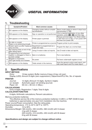 Page 3838
E
1. Troubleshooting
Symptom/Problem Most common causes Solutions
1 E01 appears on the display.Changing modes without complet-
ing transaction.Return mode switch to where it stops buzz-
ing and press 
p.
2 E08 appears on the display. Sign on operation is not performed.Prior to starting registration of any other 
operation, press 
Z~< and then 
:.
3 E94 appears on the display. Printer paper is jammed.Remove jammed paper. Turn Mode switch 
to OFF then turn to ON, or Turn power OFF 
and then turn power...