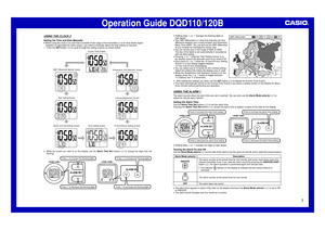 Page 3Operation Guide DQD110/120B
3
USING THE CLOCK 2
Setting the Time and Date Manually•When using the clock in an area that is outside of the range of the transmitter or in an area where signal
reception is impossible for some reason, you need to manually adjust the time setting as required.
1. Press the SET button (6) to cycle through the setting screens as shown below.
Current Time Screen
Time Setting Screen 12-hour/24hour Setting ScreenContrast Adjustment  Screen Temperature Unit Selection Screen GMT...