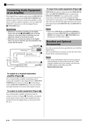 Page 12E-10
Connections
This Digital Piano outputs notes from its LINE OUT R 
(right channel output) and LINE OUT L/MONO (left 
channel output). Connect a keyboard amplifier or other 
device to direct output to speakers. You can adjust the 
LINE OUT volume level with the Digital Piano’s 
 (VOLUME) knob.
IMPORTANT!
 Whenever connecting something to the Digital 
Piano, first use the 
 (VOLUME) knob to set the 
volume to a low level. After connecting, you can 
adjust the volume to the level you want.
 Whenever...