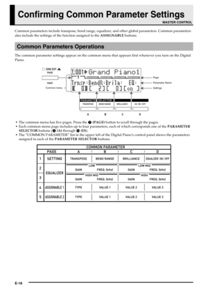 Page 20E-18
Confirming Common Parameter Settings
Common parameters include transpose, bend range, equalizer, and other global parameters. Common parameters 
also include the settings of the function assigned to the ASSIGNABLE buttons.
The common parameter settings appear on the common menu that appears first whenever you turn on the Digital 
Piano.
The common menu has five pages. Press the 
 (PAGE) button to scroll through the pages.
Each common menu page includes up to four parameters, each of which...