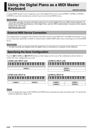 Page 28E-26
Using the Digital Piano as a MIDI Master 
Keyboard
A unique MIDI channel can be assigned to each of the Digital Piano’s four zones (UPPER 1, UPPER 2, LOWER 1, 
LOWER 2) to provide simultaneous control of up to four external MIDI devices.
IMPORTANT!
 This section provides only basic information about how to use the Digital Piano as a MIDI master keyboard. For 
details about the MIDI specifications of this Digital Piano, see the “MIDI Implementation” document at the website 
located at the URL below....