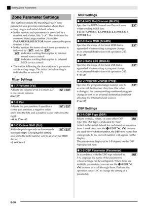 Page 32E-30
Editing Zone Parameters
This section explains the meaning of each zone 
parameter, and provides information about their 
setting ranges and initial default values.
In this section, each parameter is preceded by a 
number and a letter, like “1-A”. This indicates the 
common menu page number (1) and the 
PARAMETER SELECTOR button you need to press 
to select it (A).
In this section, the name of each zone parameter is 
followed by   and/or  .
The values following the description of a parameter 
are its...