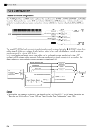 Page 6E-4
General Guide
Master Control Configuration
The PX-3 Digital Piano is a MIDI master keyboard that uses four zones (UPPER 1, UPPER 2, LOWER 1, LOWER 2) 
to control the internal sound source (INT) and external MIDI devices (EXT). Each zone performs simultaneous 
control over one internal sound source part and one external MIDI device channel (when both INT and EXT are 
ON).
The target (INT/EXT) of each zone control can be turned on or off as desired using the 
 (INT/EXT) button. Zone 
editing (page...