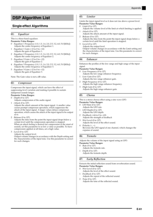 Page 63Appendix
E-61
English
Single-effect Algorithms
01: Equalizer
This is a three-band equalizer.
Parameter Value Ranges:
0 : Equalizer 1 Frequency (1.0, 1.3, 1.6, 2.0, 2.5, 3.2, 4.0, 5.0 [KHz])
Adjusts the center frequency of Equalizer 1.
1 : Equalizer 1 Gain (–12 to 0 to +12)
Adjusts the gain of Equalizer 1.
2 : Equalizer 2 Frequency (1.0, 1.3, 1.6, 2.0, 2.5, 3.2, 4.0, 5.0 [KHz])
Adjusts the center frequency of Equalizer 2.
3 : Equalizer 2 Gain (–12 to 0 to +12)
Adjusts the gain of Equalizer 2.
4 :...