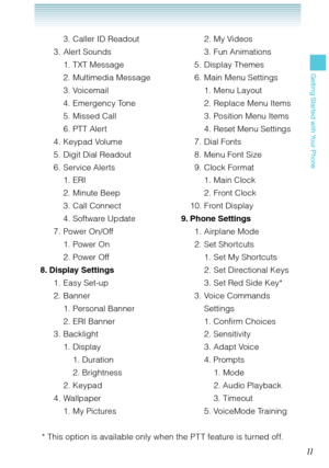 Page 1211
Getting Started with Your Phone
11
Getting Started with Your Phone
3. Caller ID Readout
 3. Alert Sounds
1. TXT Message
2. Multimedia Message
3. Voicemail
4. Emergency Tone
5. Missed Call
6. PTT Alert
 4. Keypad Volume
  5. Digit Dial Readout
 6. Service Alerts
1. ERI
2. Minute Beep
3. Call Connect
4. Software Update
 7. Power On/Off
1. Power On
2. Power Off
 8. Display Settings
 1. Easy Set-up
 2. Banner
1. Personal Banner
2. ERI Banner
 3. Backlight
1. Display
1. Duration  
2. Brightness 
2. Keypad...