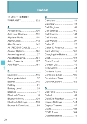 Page 207206
Index
12 MONTH LIMITED 
WARRANT Y ..................... 202
A
Accessibility ......................196
Add New Devices ............. 131
Airplane Mode ................... 151
Alarm Clock ....................... 113
Alert Sounds ......................142
All (RECENT CALLS) .......... 41
Answer Options ................. 161
Answering a call ..................27
Assisted Dialing ................164
Astro Calendar ..................127
Auto Retry .......................... 161
B
Backlight...