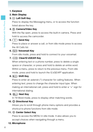 Page 76
Getting Started with Your Phone
 1. Earpiece
 2. Main Display
 3.  Left Soft Key
Press to display the Messaging menu, or to access the function 
listed above the key. 
 4.  Camera/Video Key
With the flip open, press to access the built-in camera. Press and 
hold to access the camcorder. 
 5.  Send Key
Press to place or answer a call, or from idle mode press to access 
the All Calls list.
 6.  Voicemail  Key
From idle mode, press and hold to connect to your voicemail. 
 7.  Clear/G’zGEAR Key
When...