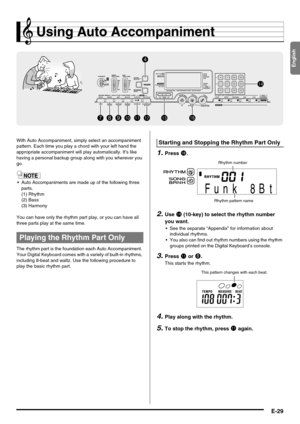 Page 31English
E-29
Using Auto Accompaniment
With Auto Accompaniment, simply select an accompaniment 
pattern. Each time you play a chord with your left hand the 
appropriate accompaniment will play automatically. It’s like 
having a personal backup group along with you wherever you 
go.
 Auto Accompaniments are made up of the following three 
parts.
(1) Rhythm
(2) Bass
(3) Harmony
You can have only the rhythm part play, or you can have all 
three parts play at the same time.
The rhythm part is the foundation...