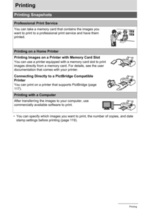 Page 116
116Printing
Printing
• You can specify which images you want to print, the number of copies, and date 
stamp settings before printing (page 119).
Printing Snapshots
Professional Print Service
You can take a memory card that contains the images you 
want to print to a professional print service and have them 
printed.
Printing on a Home Printer
Printing Images on a Printer with Memory Card Slot
You can use a printer equipped with a memory card slot to print 
images directly from a memory ca rd. For...