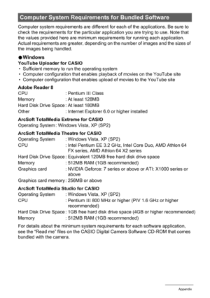 Page 162
162Appendix
Computer system requirements are different for each of the applications. Be sure to 
check the requirements for the particular appl ication you are trying to use. Note that 
the values provided here are minimum r equirements for running each application. 
Actual requirements are greater, depending  on the number of images and the sizes of 
the images being handled.
0 Windows
YouTube Uploader for CASIO
• Sufficient memory to run the operating system
• Computer configuration that enables...