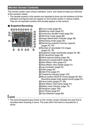 Page 1111
The monitor screen uses various indicators, icons, and values to keep you informed 
of the camera’s status.
• The sample screens in this section are intended to show you the locations of all the 
indicators and figures that can appear on the monitor screen in various modes. 
They do not represent screens that actually appear on the camera.
.Snapshot Recording
Monitor Screen Contents
1Focus mode (page 82)
2Metering mode (page 97)
3Continuous Shutter mode (page 50)
4Self-timer mode (page 86)
5Image...