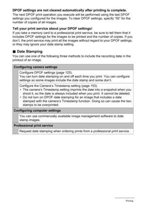 Page 128128Printing
DPOF settings are not cleared automatically after printing is complete.
The next DPOF print operation you execute will be performed using the last DPOF 
settings you configured for the images. To clear DPOF settings, specify “00” for the 
number of copies of all images.
Tell your print service about your DPOF settings!
If you take a memory card to a professional print service, be sure to tell them that it 
includes DPOF settings for the images to be printed and the number of copies. If you...