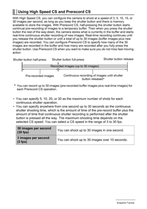 Page 5151Snapshot Tutorial
With High Speed CS, you can configure the camera to shoot at a speed of 3, 5, 10, 15, or 
30 images per second, as long as you keep the shutter button and there is memory 
available to store the images. With Prerecord CS, half-pressing the shutter button starts 
continual pre-recording of images to a temporary buffer. Then when you press the shutter 
button the rest of the way down, the camera stores what is currently in the buffer and starts 
real-time continuous shutter recording of...