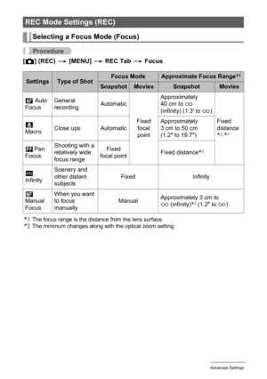 Page 82
82Advanced Settings
Procedure
[r ] (REC)  * [MENU]  * REC Tab  * Focus
*1
The focus range is the distance from the lens surface.*2The minimum changes along with the optical zoom setting.
REC Mode Settings (REC)
Selecting a Focus Mode (Focus)
SettingsType of ShotFocus ModeApproximate Focus Range*1
SnapshotMoviesSnapshotMovies
Q  Auto 
Focus General 
recording
Automatic
Fixed focal 
point Approximately 
40 cm to 
9 
(infinity) (1.3 
to 9 )
Fixed 
distance
*2, *3
´  
Macro Close ups Automatic Approximately...