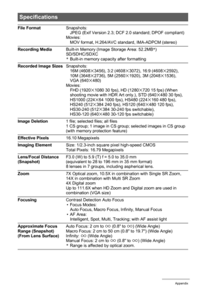 Page 191191Appendix
Specifications
File FormatSnapshots:
JPEG (Exif Version 2.3; DCF 2.0 standard; DPOF compliant)
Movies:
MOV format, H.264/AVC standard, IMA-ADPCM (stereo)
Recording MediaBuilt-in Memory (Image Storage Area: 52.2MB*)
SD/SDHC/SDXC
*Built-in memory capacity after formatting
Recorded Image SizesSnapshots:
16M (4608
x3456), 3:2 (4608x3072), 16:9 (4608x2592), 
10M (3648x2736), 5M (2560x1920), 3M (2048x1536), 
VGA (640x480)
Movies:
FHD (1920
x1080 30 fps), HD (1280x720 15 fps) (When 
shooting movie...