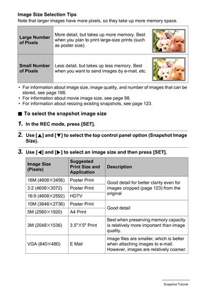 Page 3939Snapshot Tutorial
Image Size Selection Tips
Note that larger images have more pixels, so they take up more memory space.
• For information about image size, image quality, and number of images that can be 
stored, see page 188.
• For information about movie image size, see page 98.
• For information about resizing existing snapshots, see page 123.
.To select the snapshot image size
1.In the REC mode, press [SET].
2.Use [8] and [2] to select the top control panel option (Snapshot Image 
Size).
3.Use [4]...