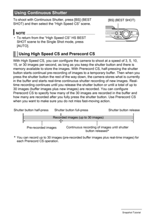 Page 5050Snapshot Tutorial
To shoot with Continuous Shutter, press [BS] (BEST 
SHOT) and then select the “High Speed CS” scene.
NOTE
• To return from the “High Speed CS” HS BEST 
SHOT scene to the Single Shot mode, press 
[AUTO].
With High Speed CS, you can configure the camera to shoot at a speed of 3, 5, 10, 
15, or 30 images per second, as long as you keep the shutter button and there is 
memory available to store the images. With Prerecord CS, half-pressing the shutter 
button starts continual pre-recording...