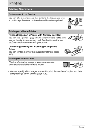 Page 105105Printing
Printing
• You can specify which images you want to print, the number of copies, and date 
stamp settings before printing (page 108).
Printing Snapshots
Professional Print Service
You can take a memory card that contains the images you want 
to print to a professional print service and have them printed.
Printing on a Home Printer
Printing Images on a Printer with Memory Card Slot
You can use a printer equipped with a memory card slot to print 
images directly from a memory card. For details,...