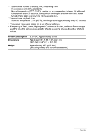 Page 175175Appendix
*1Approximate number of shots (CIPA) (Operating Time)
In accordance with CIPA standards
Normal temperature (23°C (73°F)), monitor on, zoom operation between full wide and 
full telephoto every 30 seconds, during which two images are shot with flash; power 
turned off and back on every time 10 images are shot.
*2Approximate playback time 
Standard temperature (23°C (73°F)), one-image scroll approximately every 10 seconds
• The above values are based on a set of new batteries.
• Frequency of...