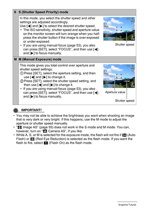 Page 37
37Snapshot Tutorial
IMPORTANT!
• You may not be able to achieve the brightness you want when shooting an image that is very dark or very bright. If  this happens, use the M mode to adjust the 
aperture or shutter speed manually.
•“ S  Image AS” (page 95) does not work in the S mode and M mode. You can, 
however, turn on “ A
 Camera AS”, if you like.
• While A, S, or M is selected for the ex posure mode, the flash will not fire if > (Auto 
Flash) or  ¥ (Red Eye Reduction) is selected as  the flash mode....