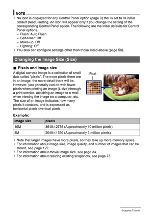 Page 3232Snapshot Tutorial
NOTE
• No icon is displayed for any Control Panel option (page 9) that is set to its initial 
default (reset) setting. An icon will appear only if you change the setting of the 
corresponding Control Panel option. The following are the initial defaults for Control 
Panel options.
– Flash: Auto Flash
– Self-timer: Off
– Make-up: Off
– Lighting: Off
• You also can configure settings other than those listed above (page 50).
.Pixels and image size
A digital camera image is a collection of...